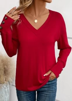 Wine Red Button Long Sleeve V Neck T Shirt