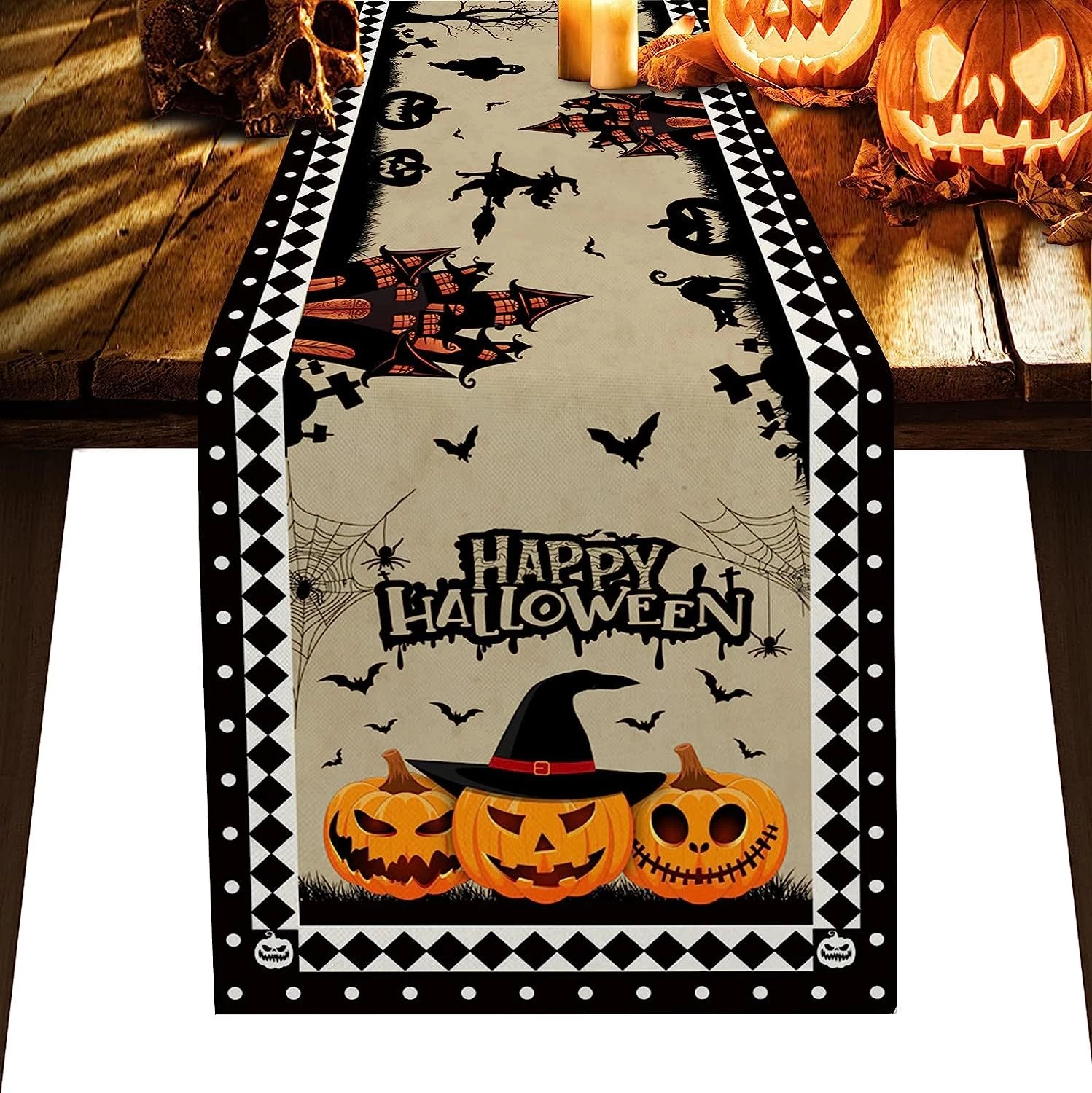 Linen Multi Color Halloween Print Tablecloth - Image 2