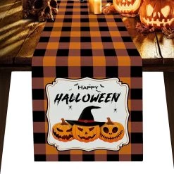 Orange Halloween Print Plaid Bat Table Runner
