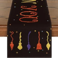 Orange Halloween Print Linen Table Runner