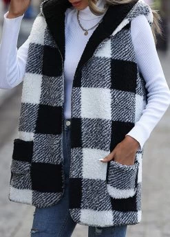 Black Pocket Plaid Long Sleeve Hooded Waistcoat