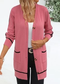 Pink Contrast Binding Long Sleeve V Neck Cardigan