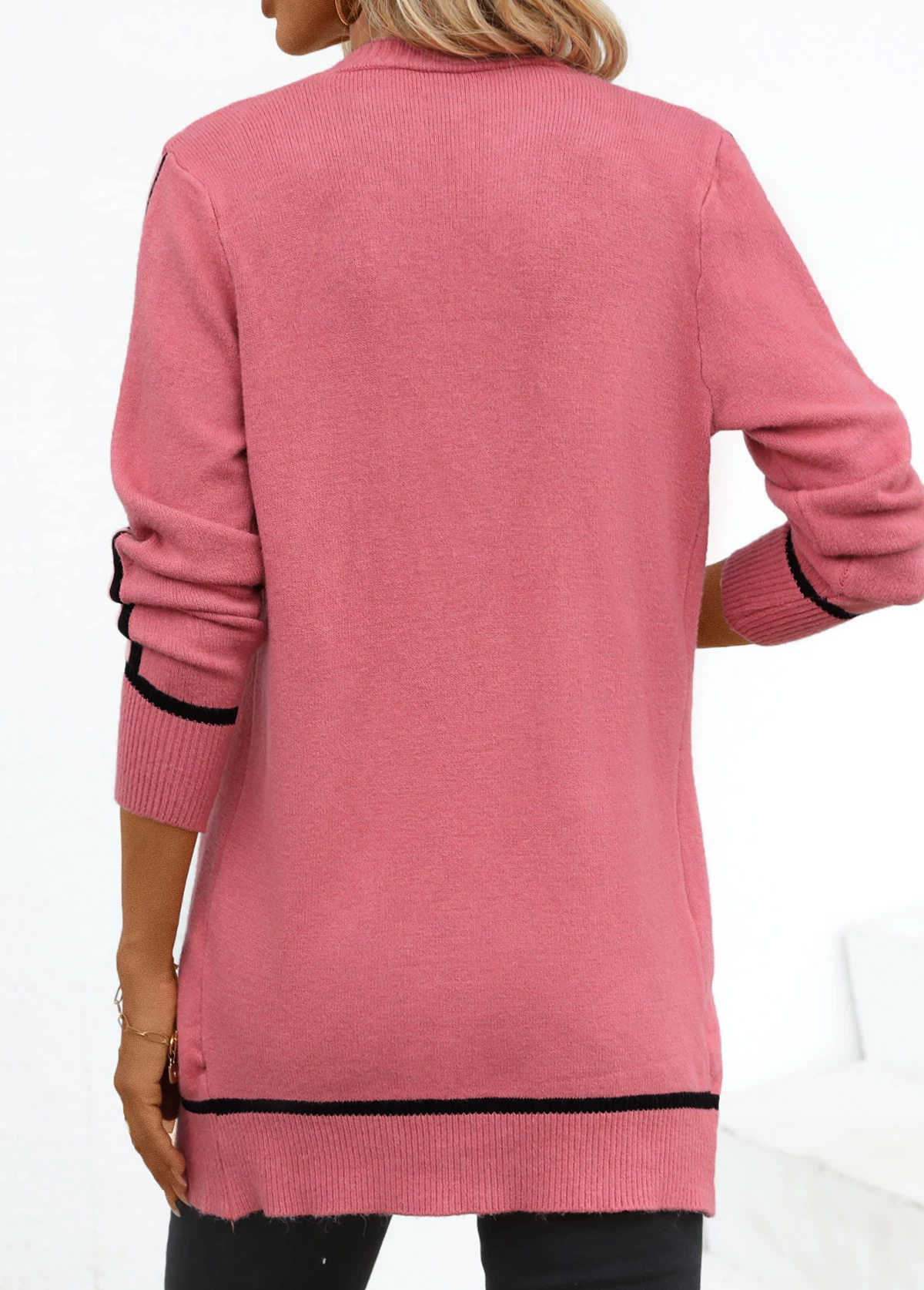 Pink Contrast Binding Long Sleeve V Neck Cardigan - Image 2