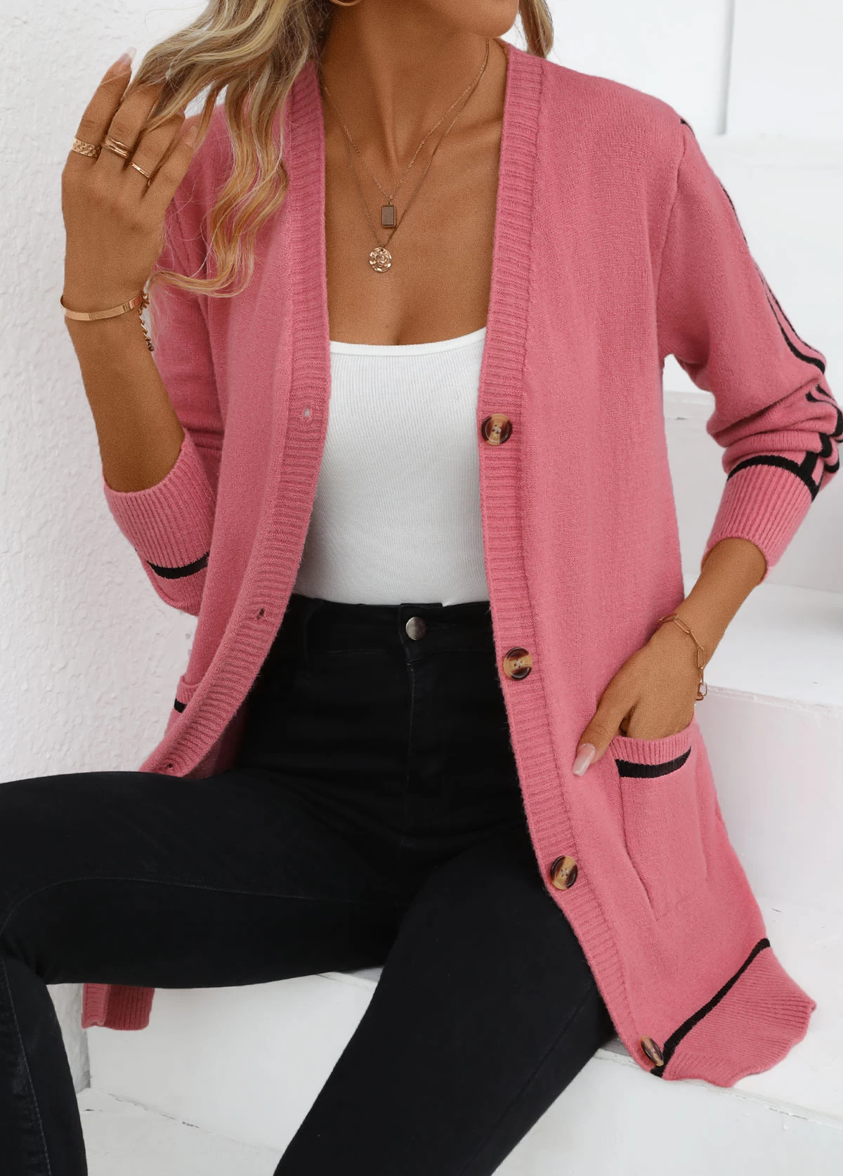 Pink Contrast Binding Long Sleeve V Neck Cardigan - Image 6