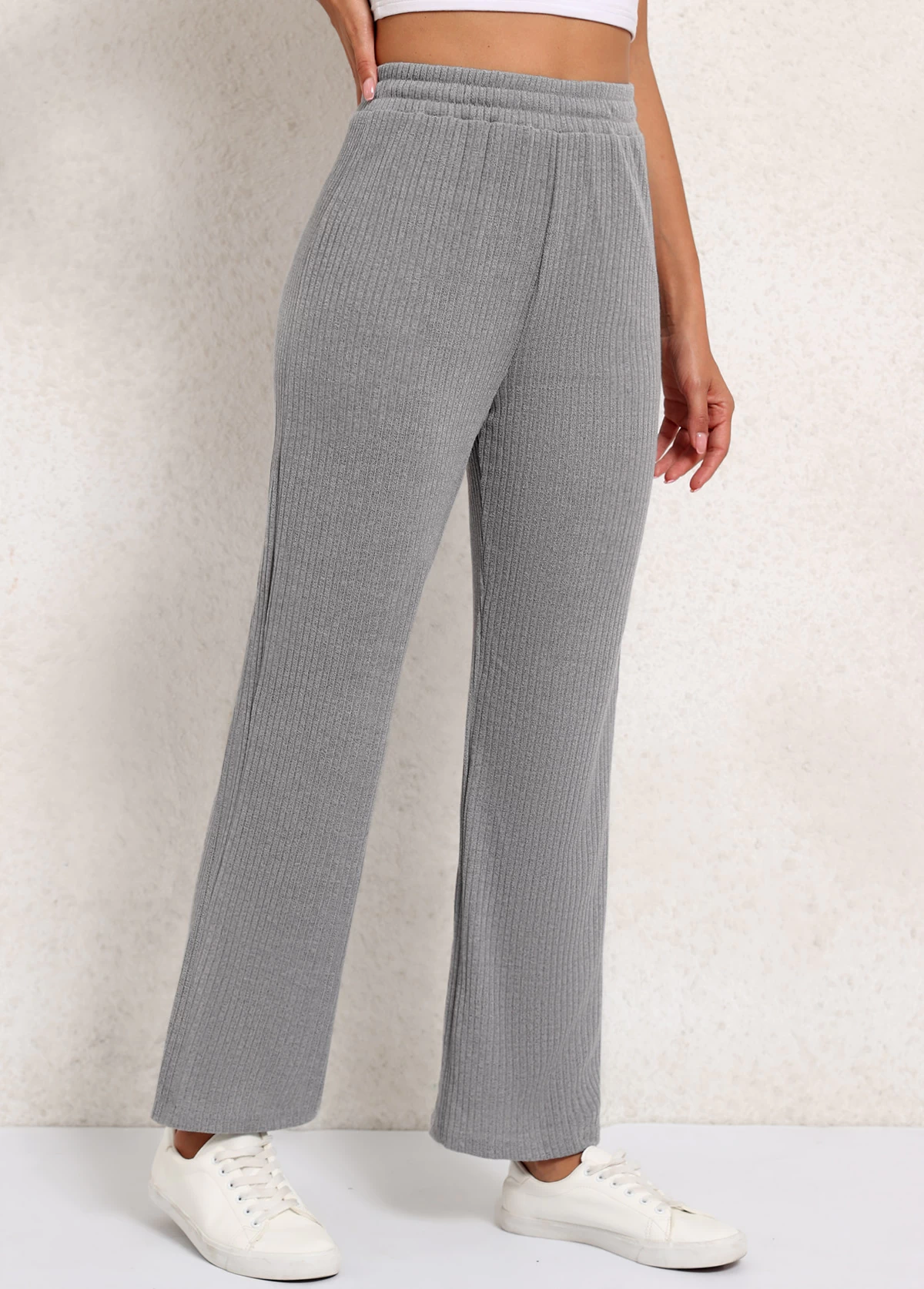 Elastic Waist High Waisted Grey Pants - Image 3