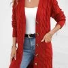 Red Pocket Long Sleeve V Neck Cardigan