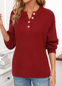 Wine Red Button Long Sleeve Split Neck Sweater