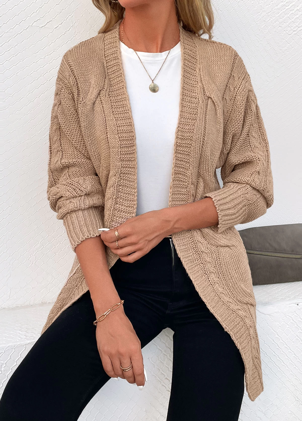 Light Camel Cable Long Sleeve Cardigan - Image 5