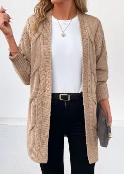 Light Camel Cable Long Sleeve Cardigan