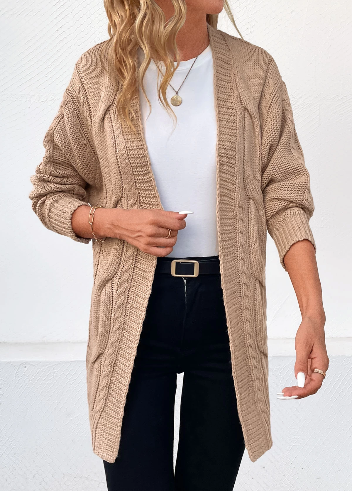 Light Camel Cable Long Sleeve Cardigan - Image 4