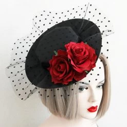 Red Rose Mesh Detail Polka Dot Fascinator
