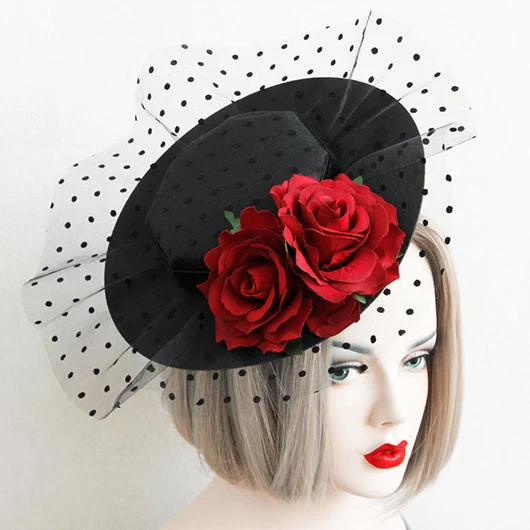 Red Rose Mesh Detail Polka Dot Fascinator