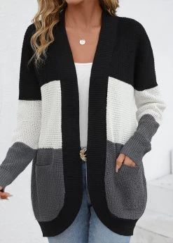 Black Pocket Striped Long Sleeve Cardigan