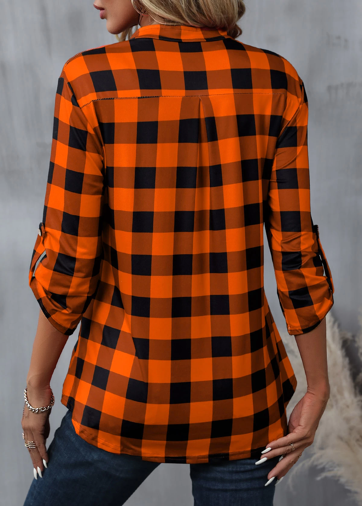 Orange Zipper Plaid Long Sleeve High Neck Blouse - Image 2