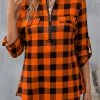 Orange Zipper Plaid Long Sleeve High Neck Blouse
