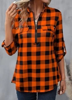 Orange Zipper Plaid Long Sleeve High Neck Blouse