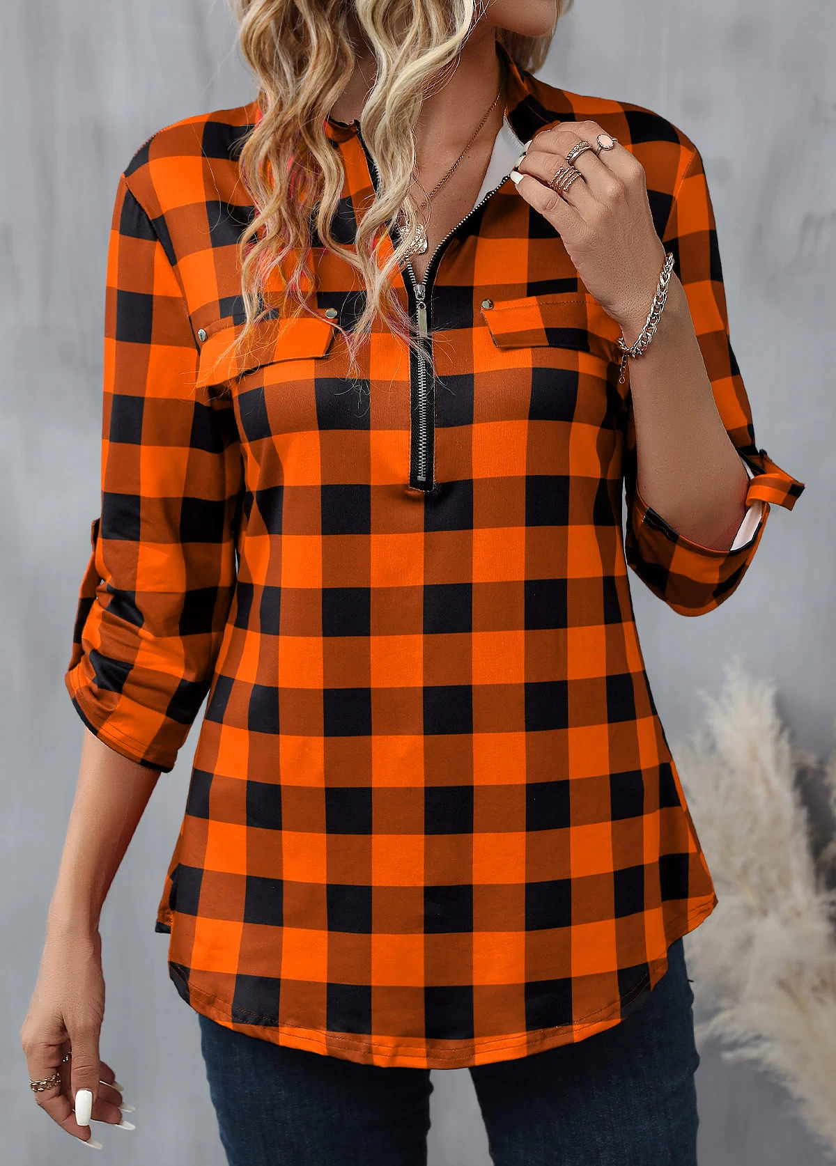 Orange Zipper Plaid Long Sleeve High Neck Blouse - Image 4
