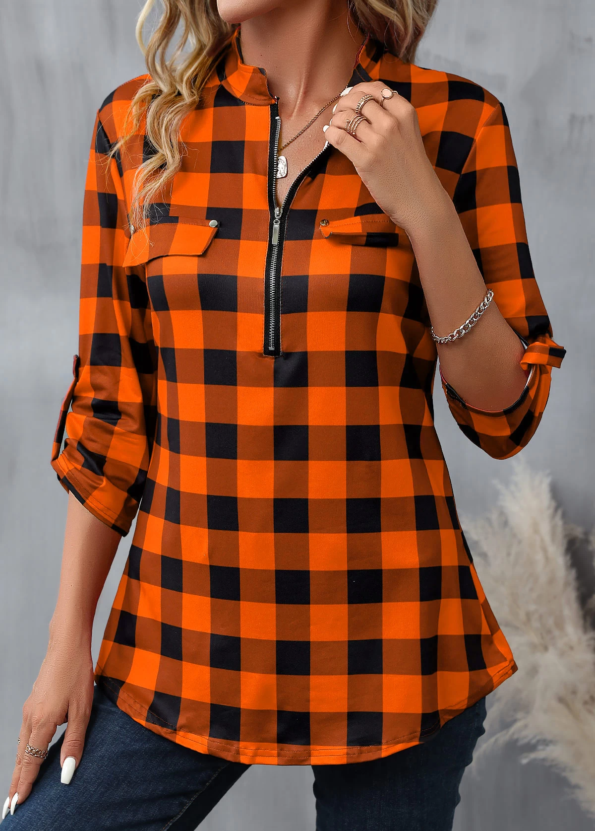 Orange Zipper Plaid Long Sleeve High Neck Blouse - Image 3