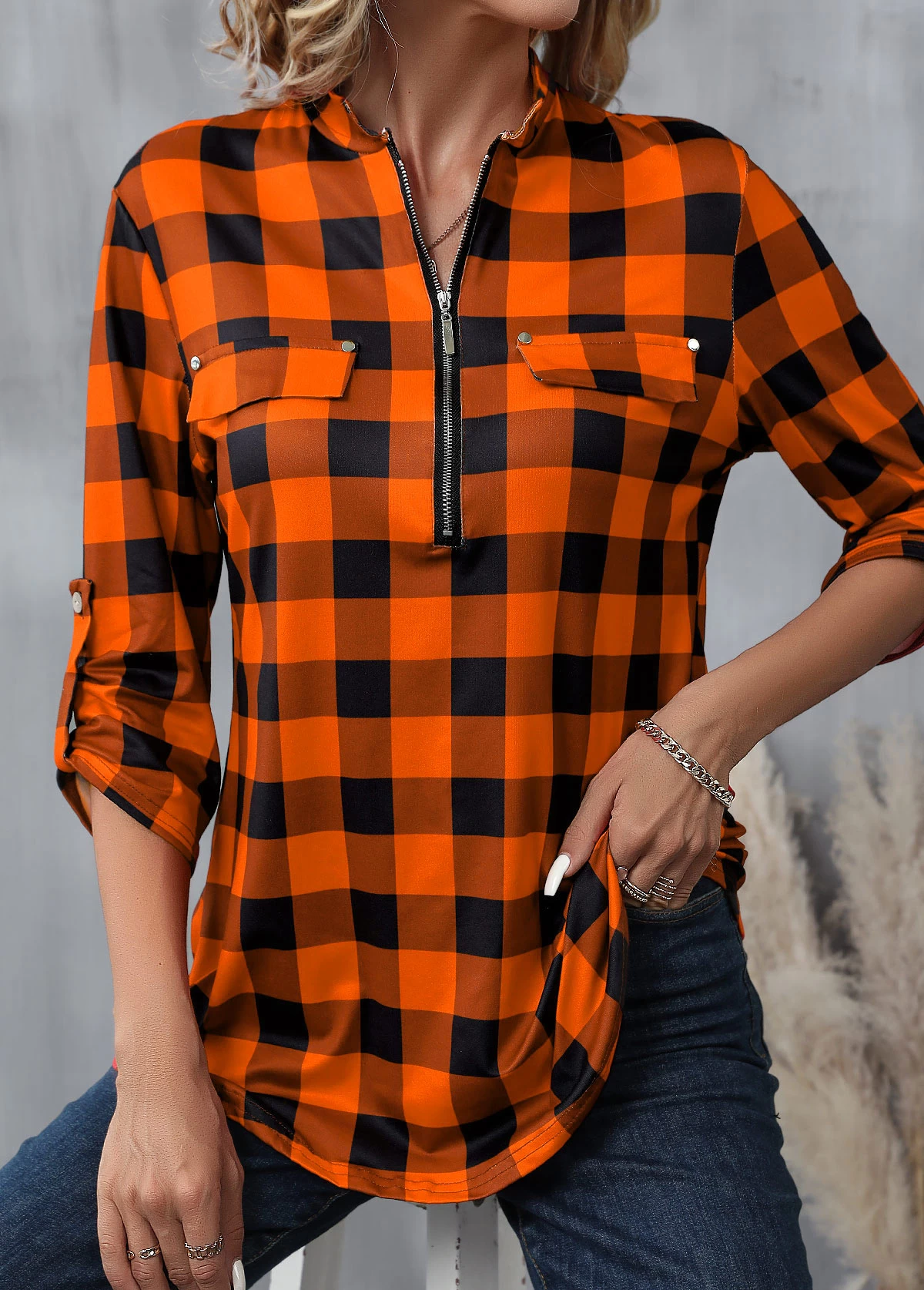 Orange Zipper Plaid Long Sleeve High Neck Blouse - Image 6