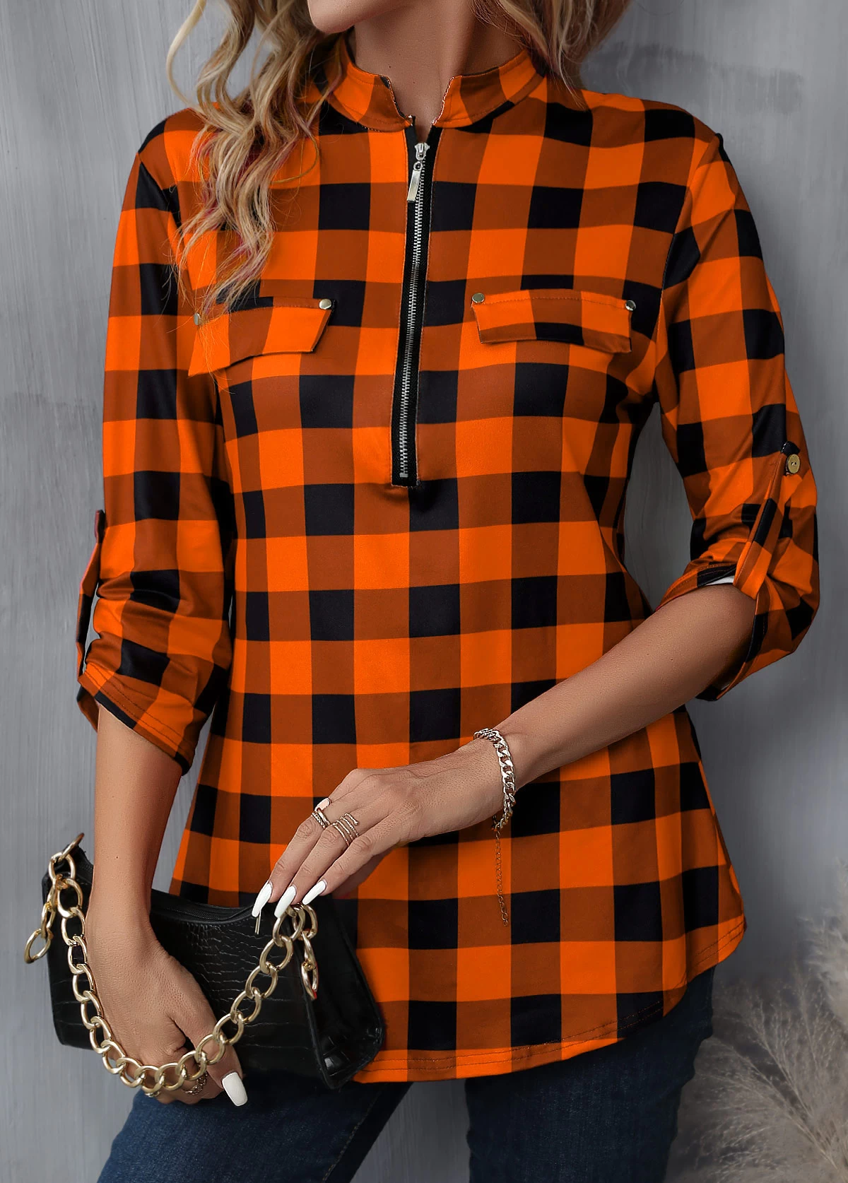 Orange Zipper Plaid Long Sleeve High Neck Blouse - Image 5