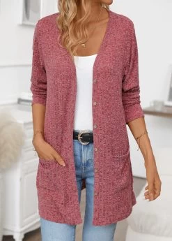 Wine Red Pocket Long Sleeve V Neck Cardigan
