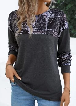 Dark Grey Patchwork Tribal Print Long Sleeve T Shirt