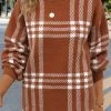 Dark Coffee Patchwork Plaid Long Sleeve Round Neck Sweater