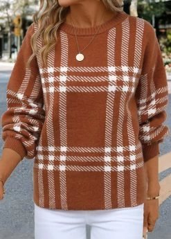 Dark Coffee Patchwork Plaid Long Sleeve Round Neck Sweater