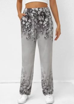 Grey Pocket Random Floral Print Elastic Waist Pants