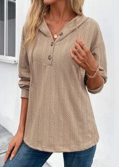 Light Camel Button Long Sleeve Halter Hoodie