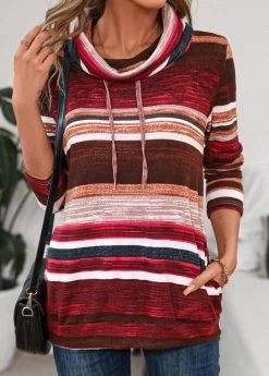 Wine Red Pocket Striped Long Sleeve Cowl Neck Sweatshirt