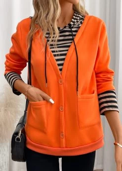 Orange Fake 2in1 Striped Long Sleeve Hoodie