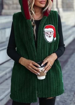 Christmas Green Santa Claus Print Sleeveless Hooded Waistcoat