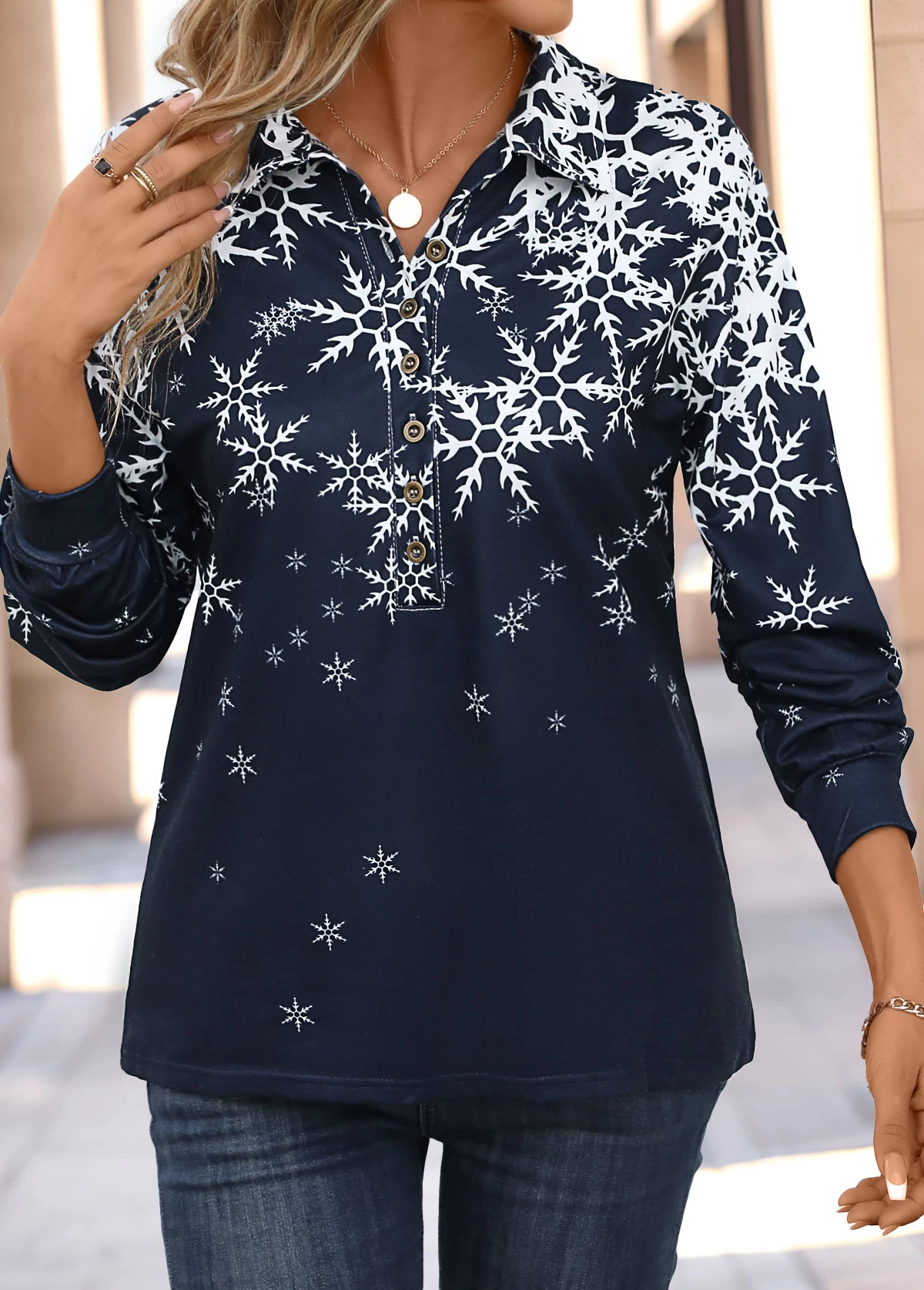 Dark Blue Button Snowflake Print Long Sleeve Blouse - Image 3