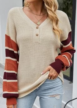 Light Camel Button Striped Long Sleeve V Neck Sweater