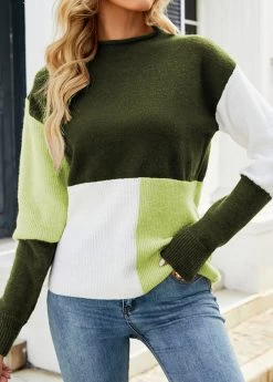 Olive Green Patchwork Geometric Print Long Sleeve Sweater
