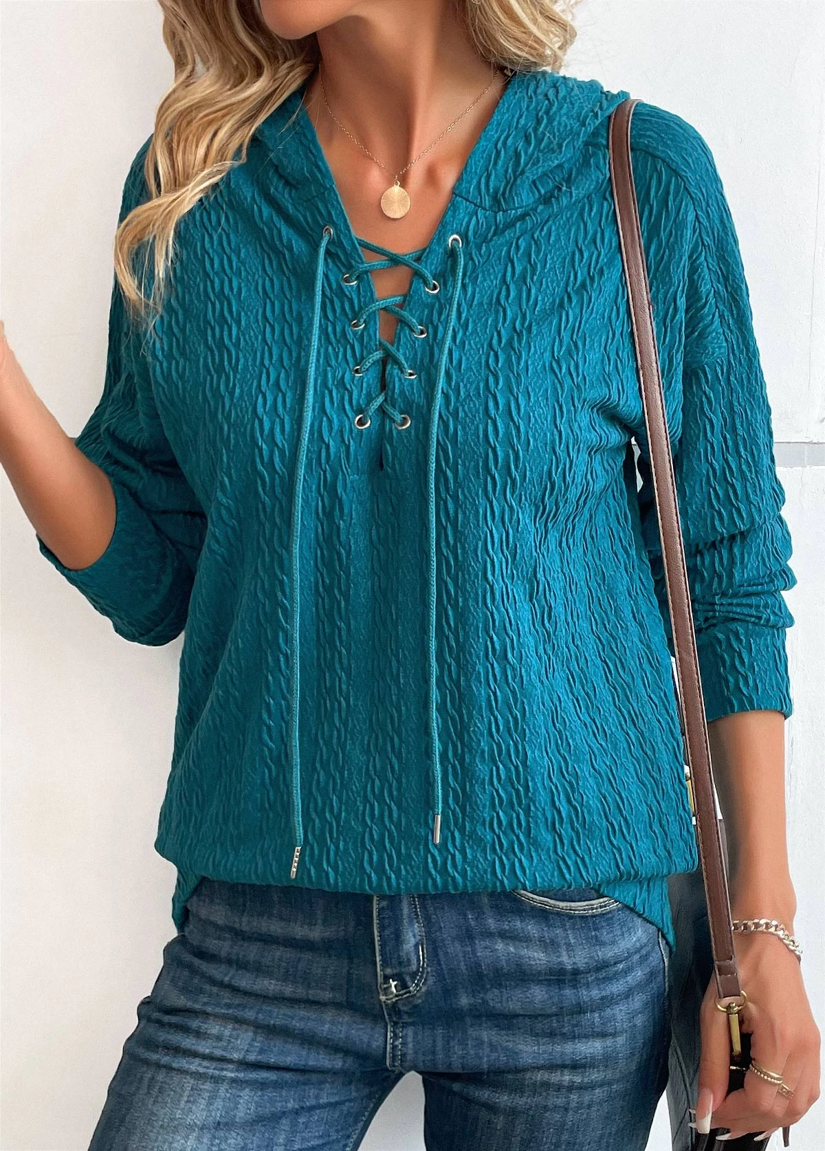 Turquoise Lace Up Long Sleeve Hoodie