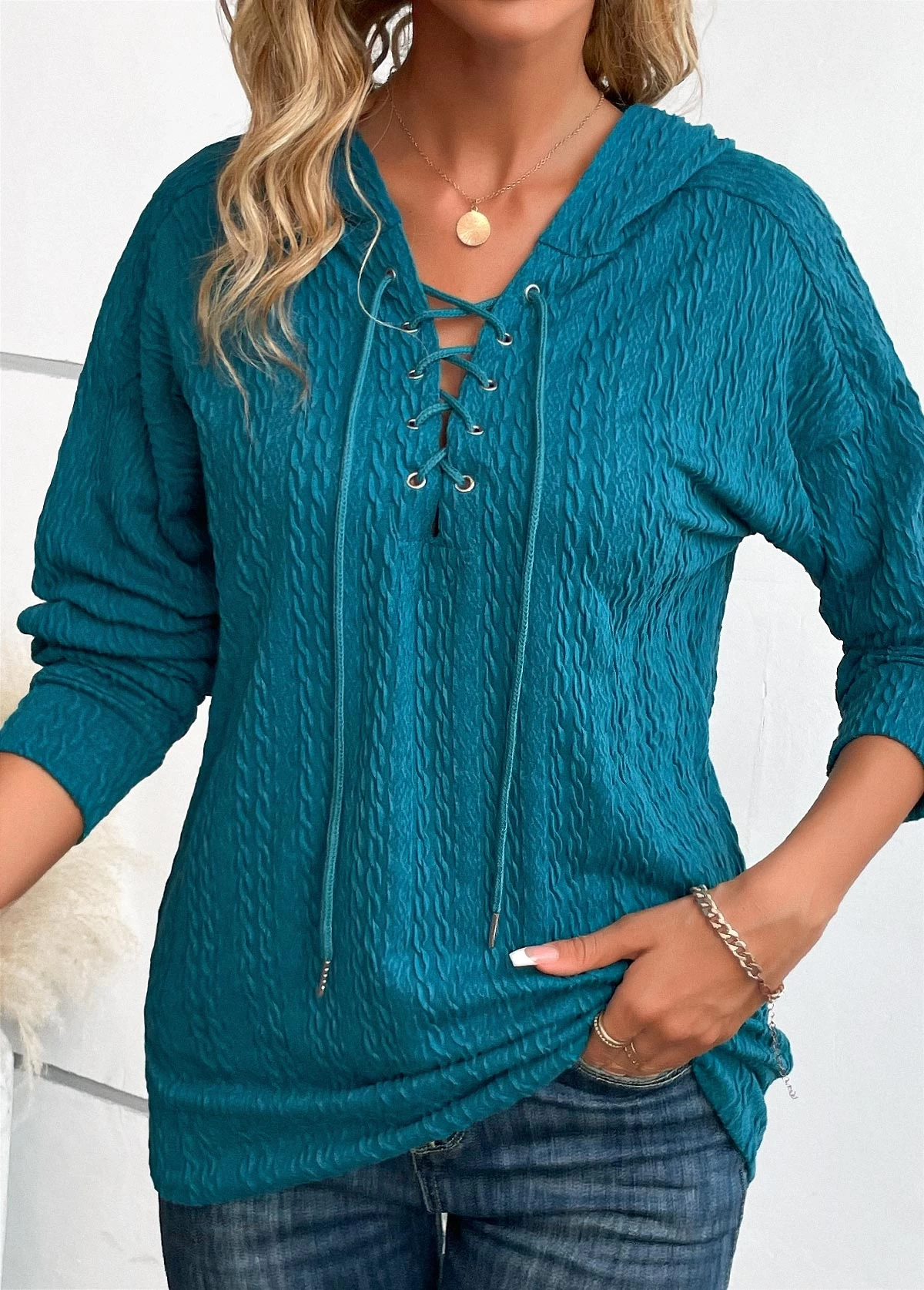 Turquoise Lace Up Long Sleeve Hoodie - Image 4