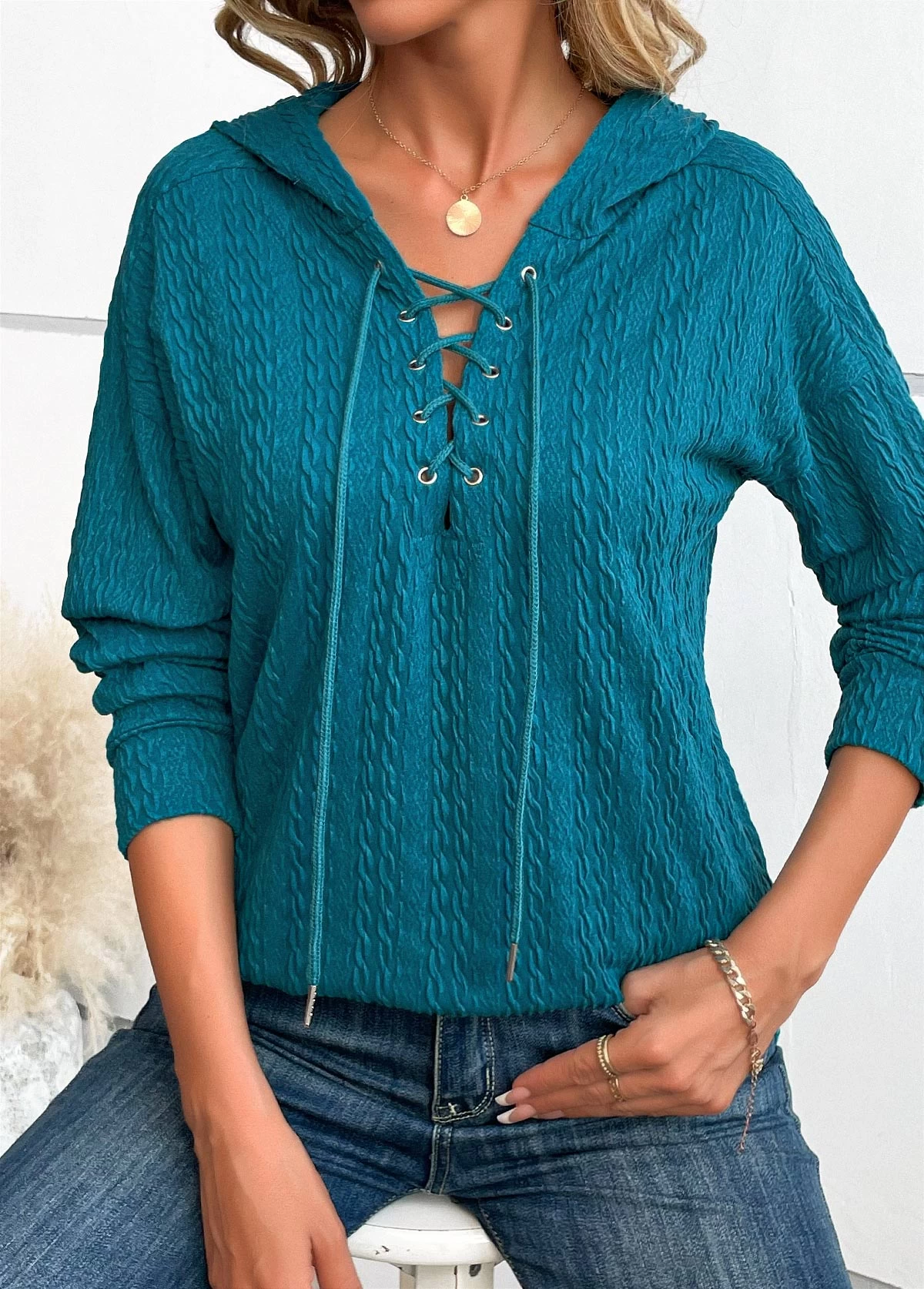 Turquoise Lace Up Long Sleeve Hoodie - Image 6