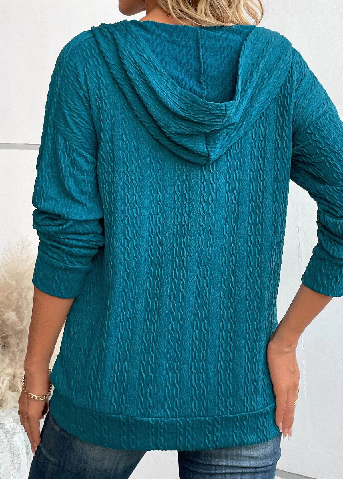 Turquoise Lace Up Long Sleeve Hoodie - Image 2
