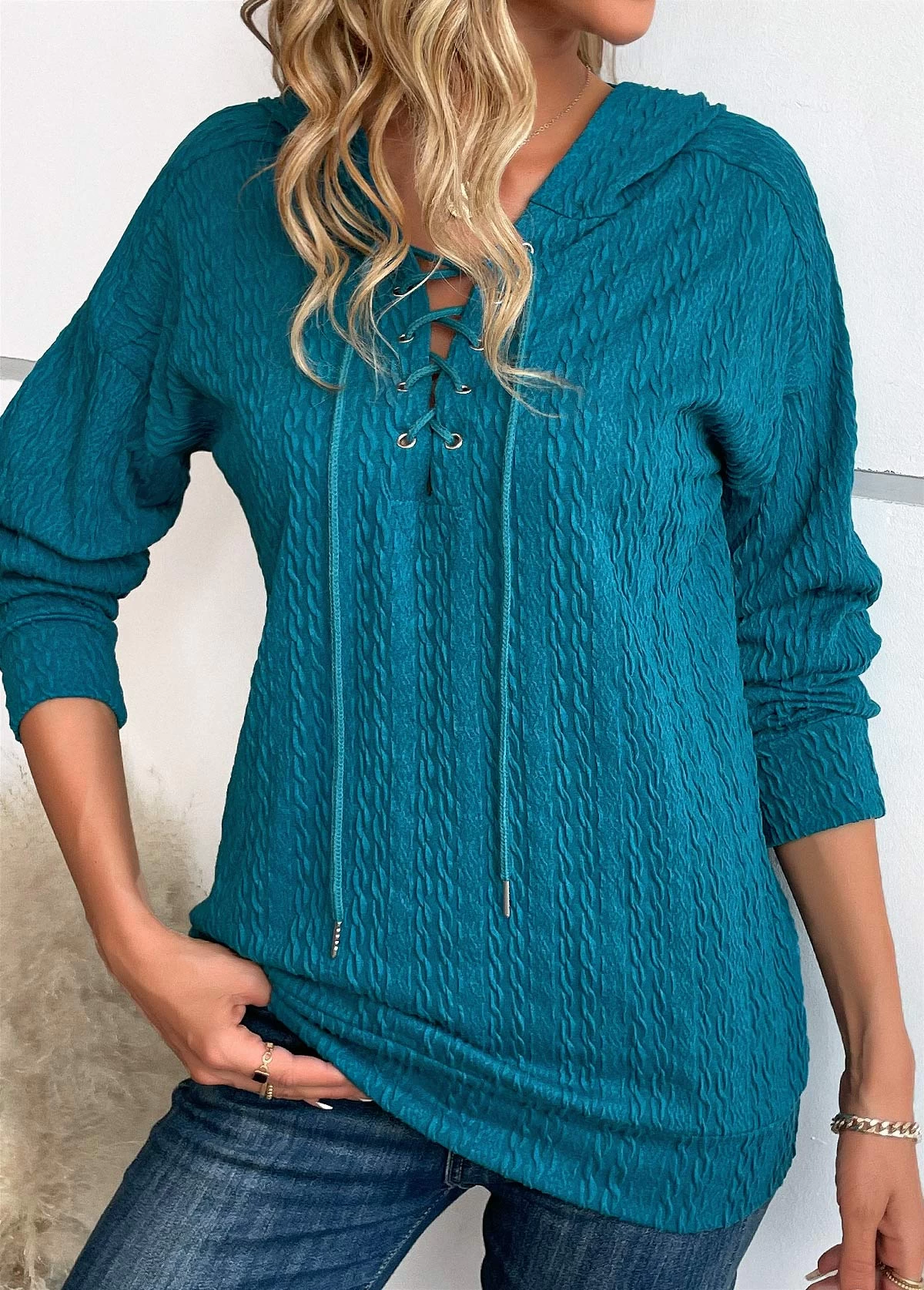 Turquoise Lace Up Long Sleeve Hoodie - Image 5
