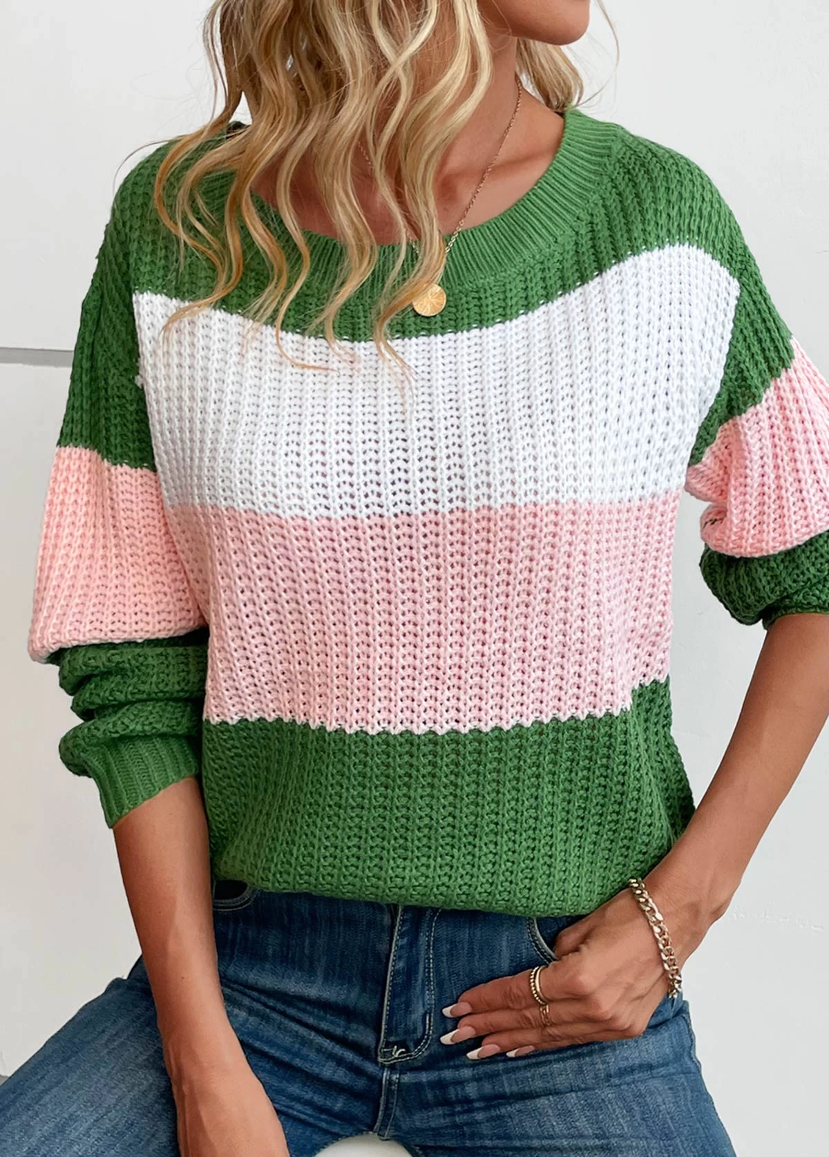 Green Patchwork Striped Long Sleeve Round Neck Sweater - Image 6