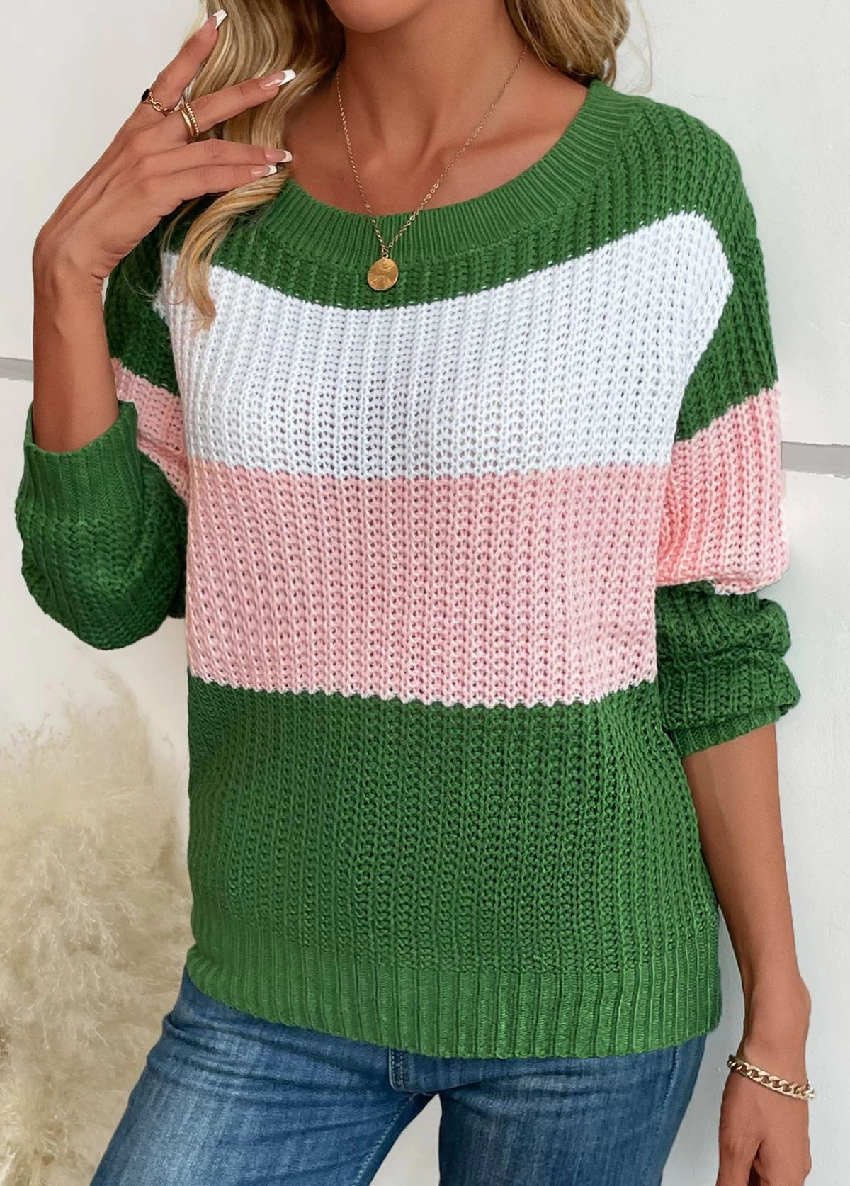 Green Patchwork Striped Long Sleeve Round Neck Sweater - Image 4