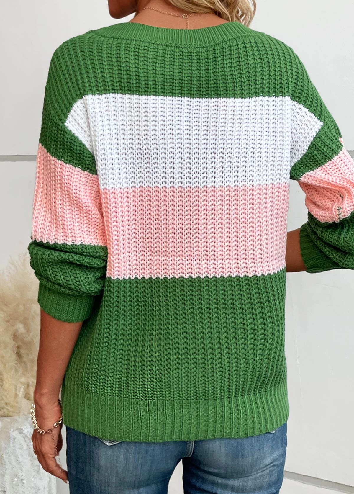 Green Patchwork Striped Long Sleeve Round Neck Sweater - Image 2