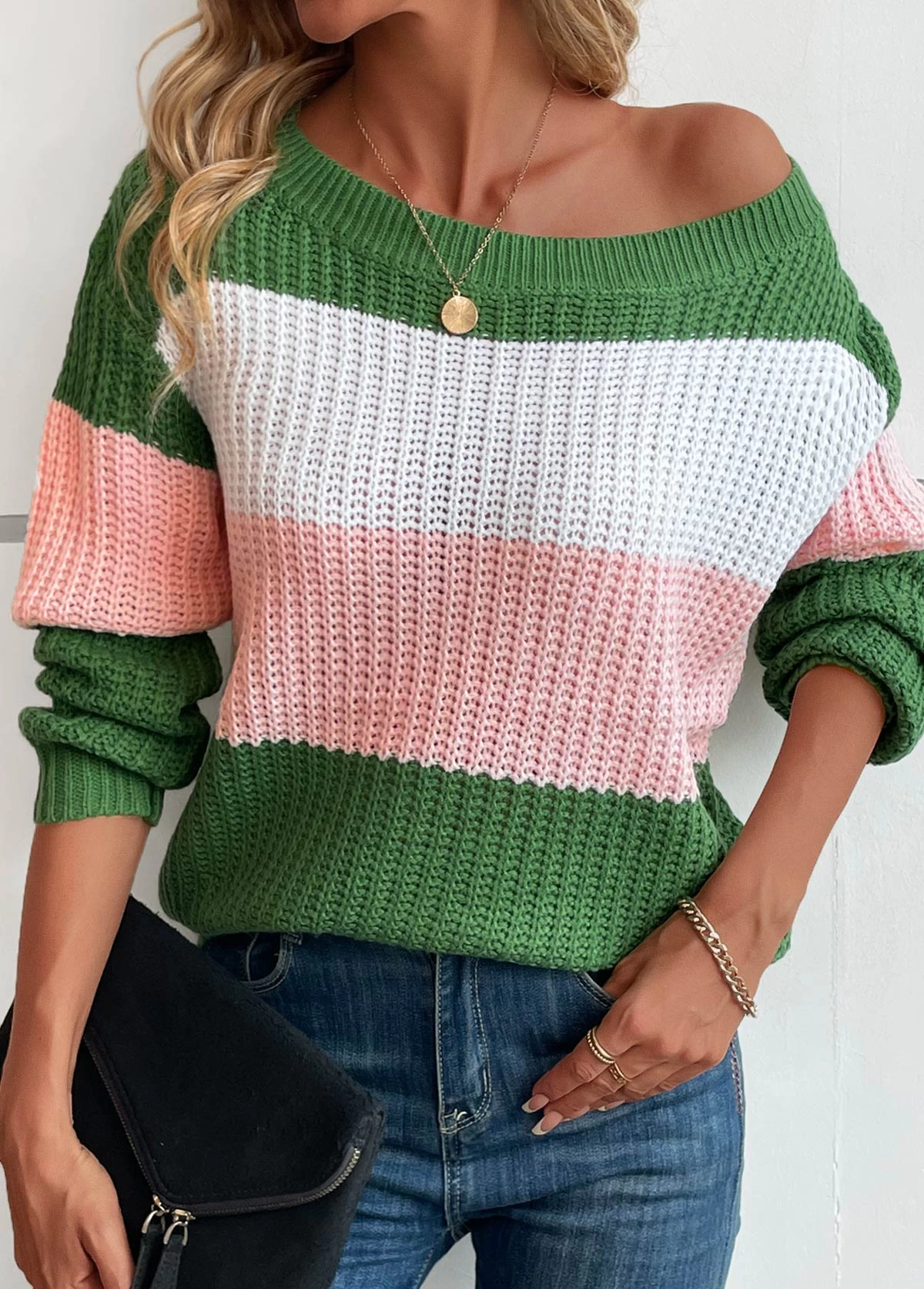 Green Patchwork Striped Long Sleeve Round Neck Sweater - Image 5
