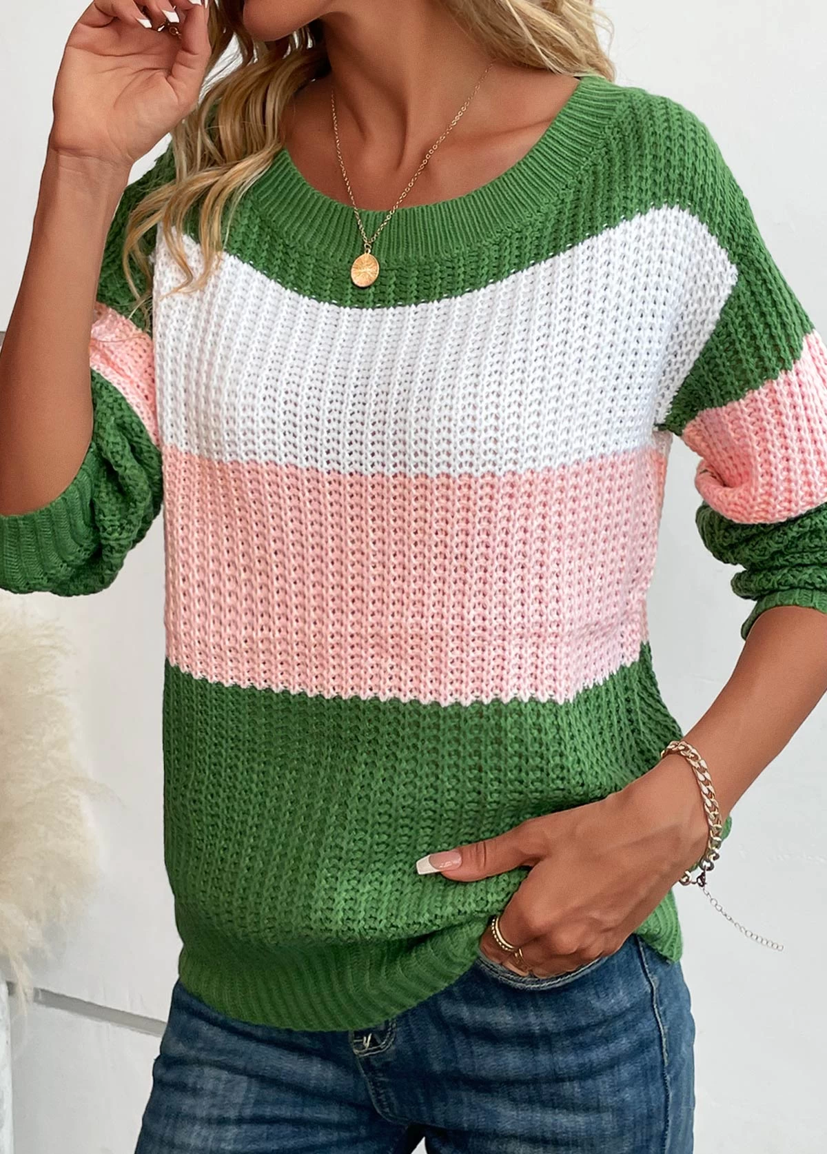 Green Patchwork Striped Long Sleeve Round Neck Sweater - Image 3