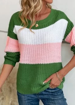 Green Patchwork Striped Long Sleeve Round Neck Sweater