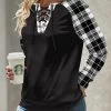 Black Lace Up Plaid Long Sleeve Round Neck Sweatshirt