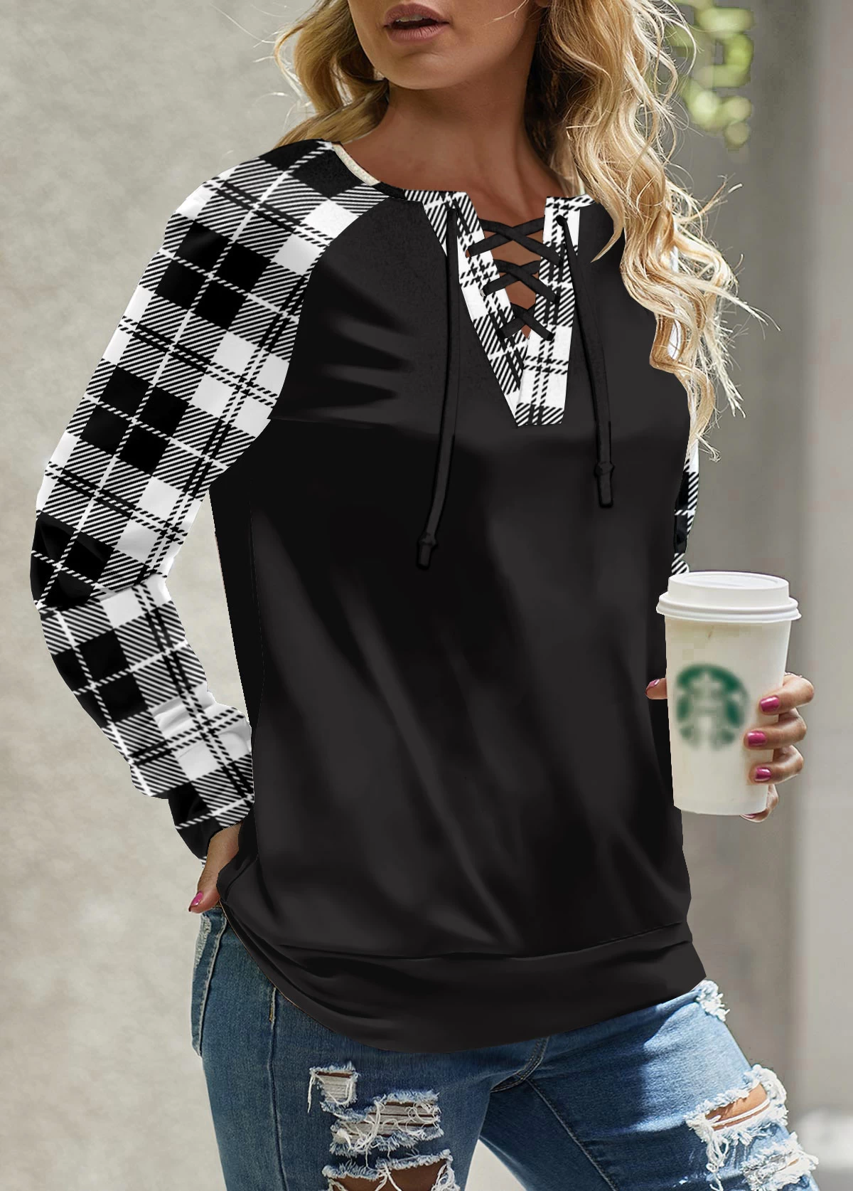 Black Lace Up Plaid Long Sleeve Round Neck Sweatshirt - Image 3