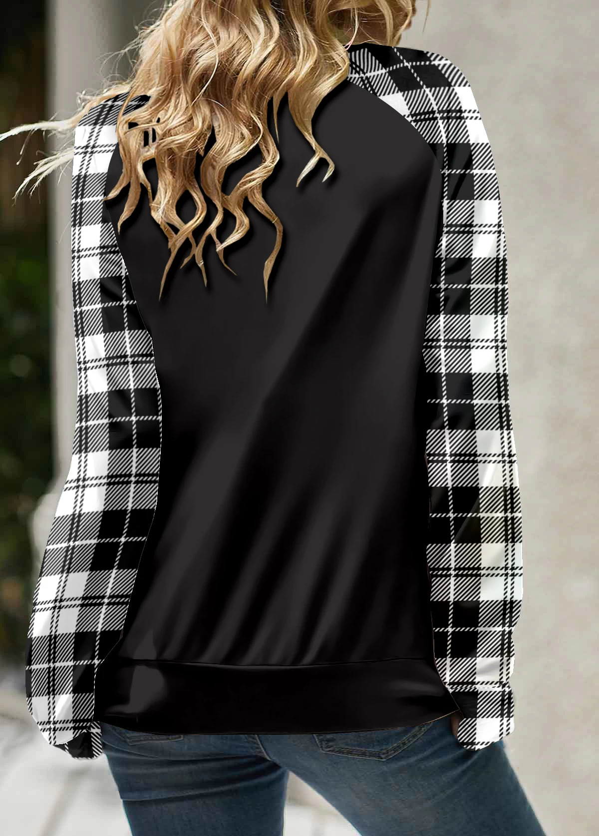 Black Lace Up Plaid Long Sleeve Round Neck Sweatshirt - Image 2